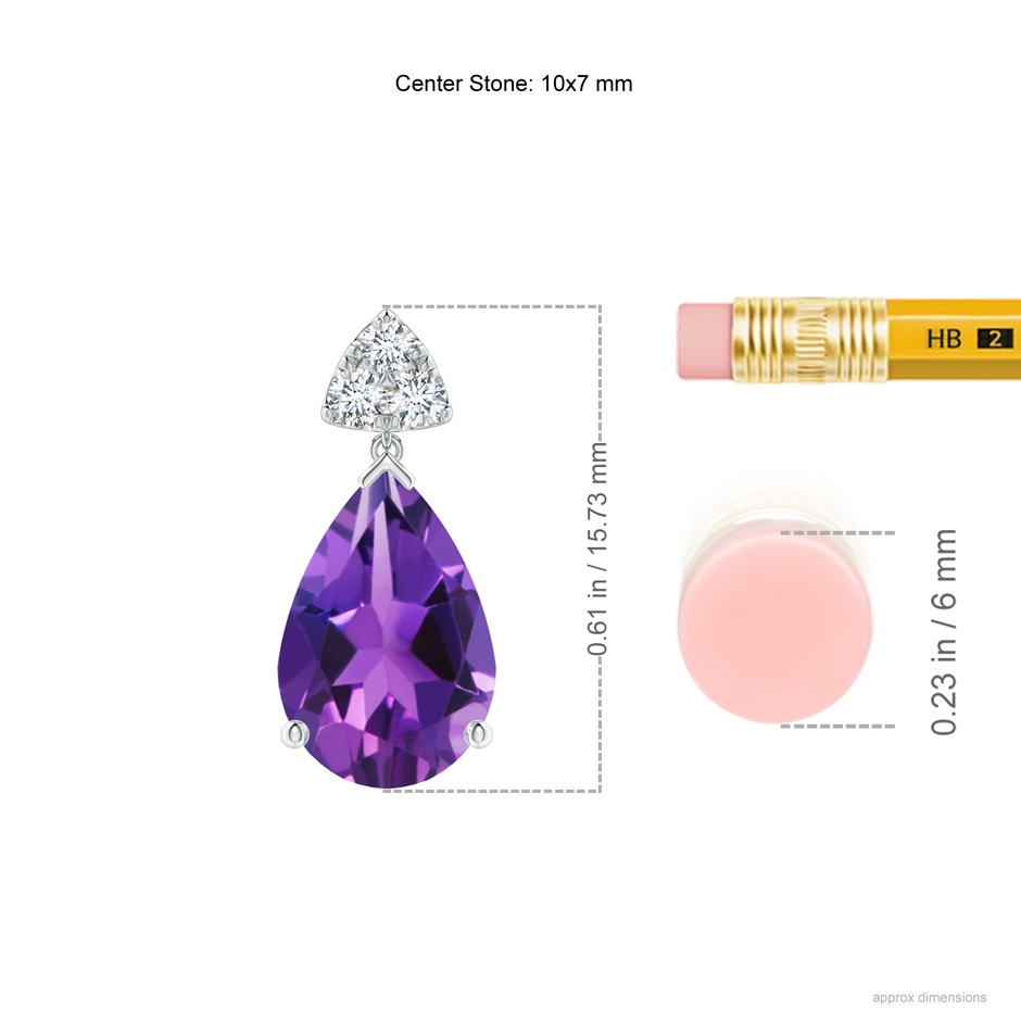 10x7mm AAAA Pear-Shaped Amethyst Drop Earrings with Trio Diamonds in White Gold ruler
