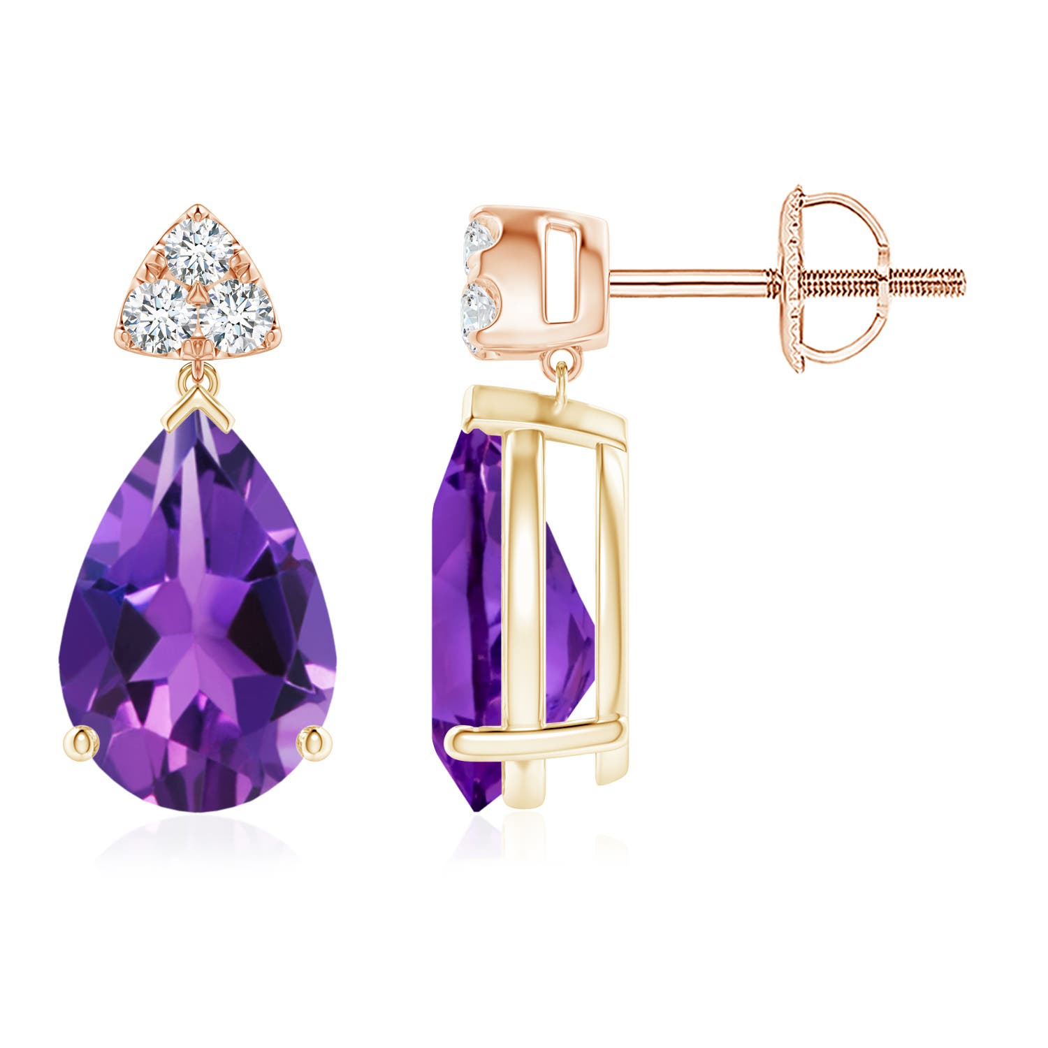 10x7mm AAAA Pear-Shaped Amethyst Drop Earrings with Trio Diamonds in Yellow Gold Rose Gold