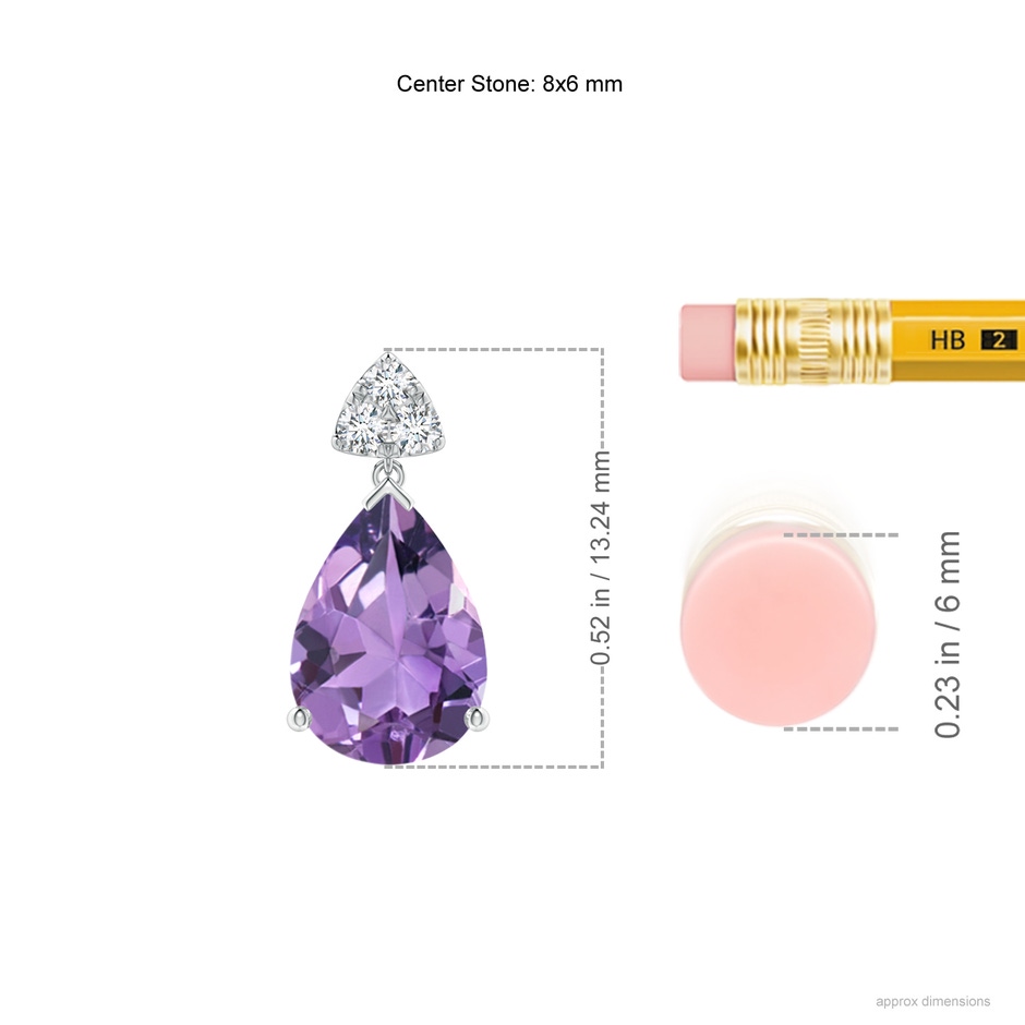 8x6mm A Pear-Shaped Amethyst Drop Earrings with Trio Diamonds in S999 Silver ruler