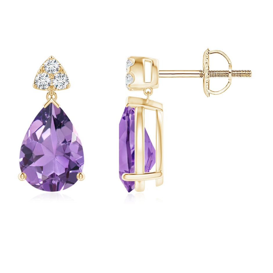 8x6mm A Pear-Shaped Amethyst Drop Earrings with Trio Diamonds in Yellow Gold 