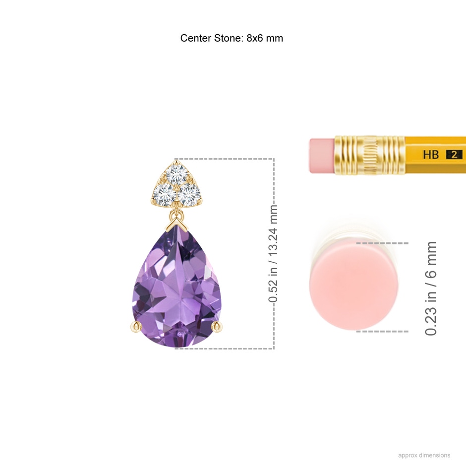 8x6mm A Pear-Shaped Amethyst Drop Earrings with Trio Diamonds in Yellow Gold ruler
