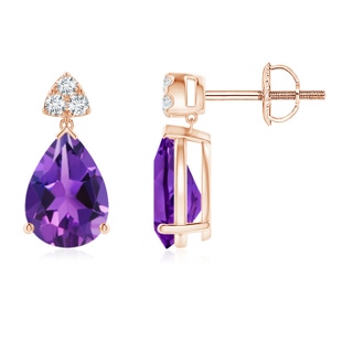 8x6mm AAAA Pear-Shaped Amethyst Drop Earrings with Trio Diamonds in Rose Gold