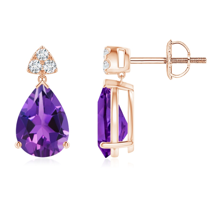 8x6mm AAAA Pear-Shaped Amethyst Drop Earrings with Trio Diamonds in Rose Gold 