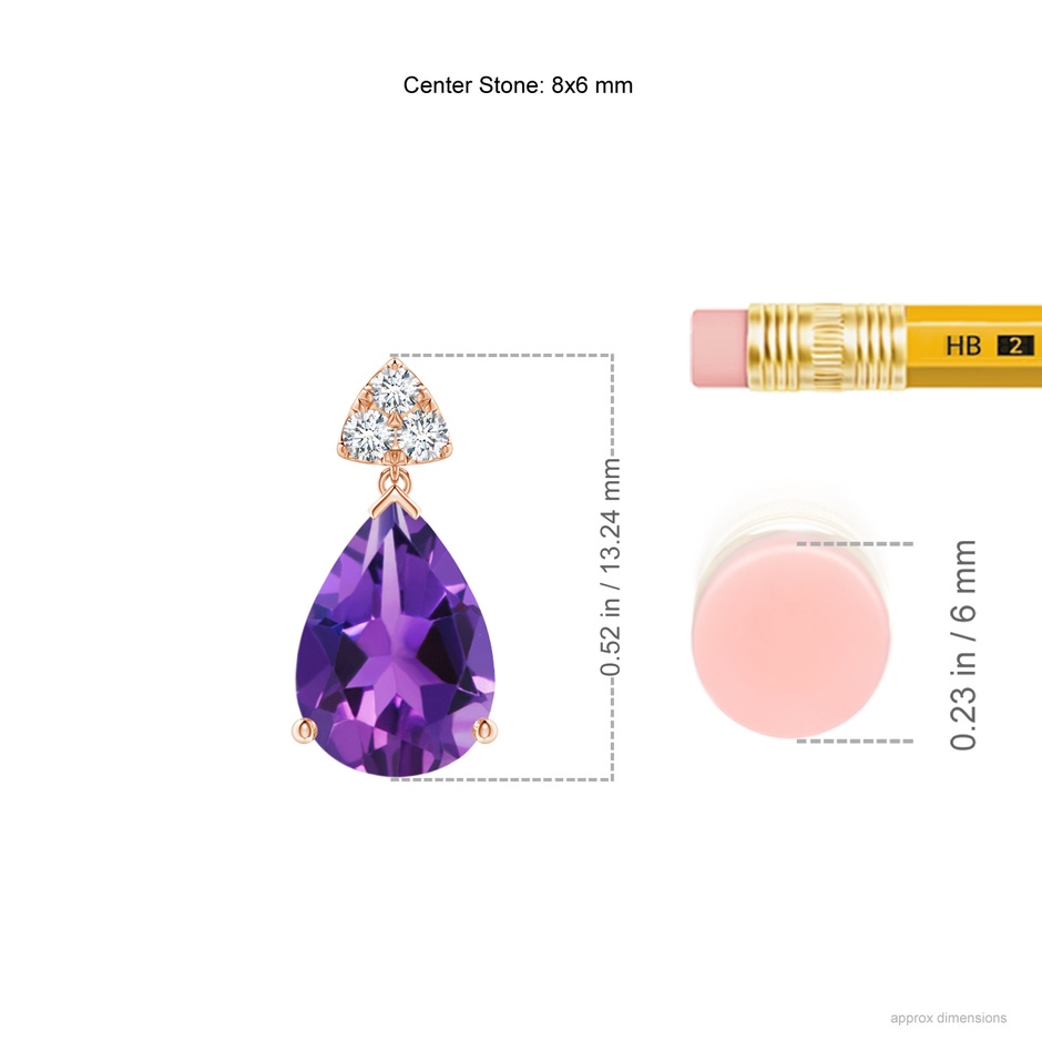 8x6mm AAAA Pear-Shaped Amethyst Drop Earrings with Trio Diamonds in Rose Gold ruler