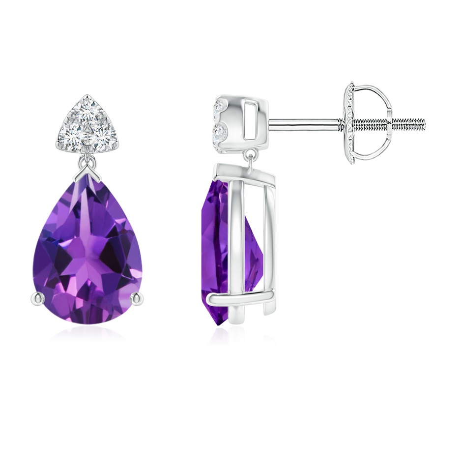 8x6mm AAAA Pear-Shaped Amethyst Drop Earrings with Trio Diamonds in White Gold 