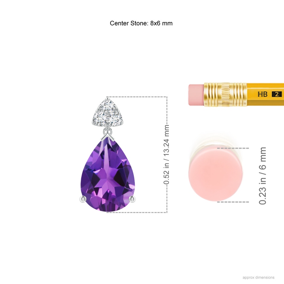 8x6mm AAAA Pear-Shaped Amethyst Drop Earrings with Trio Diamonds in White Gold ruler