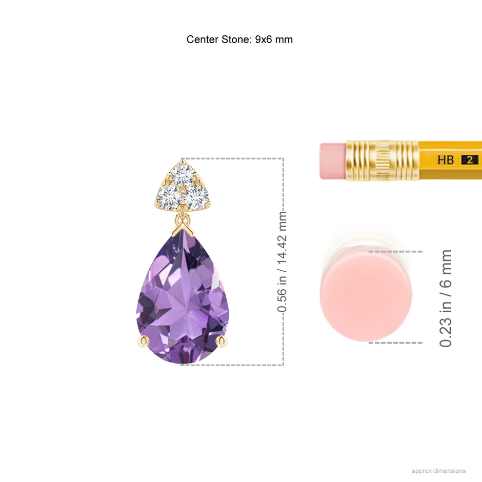 9x6mm A Pear-Shaped Amethyst Drop Earrings with Trio Diamonds in Yellow Gold ruler