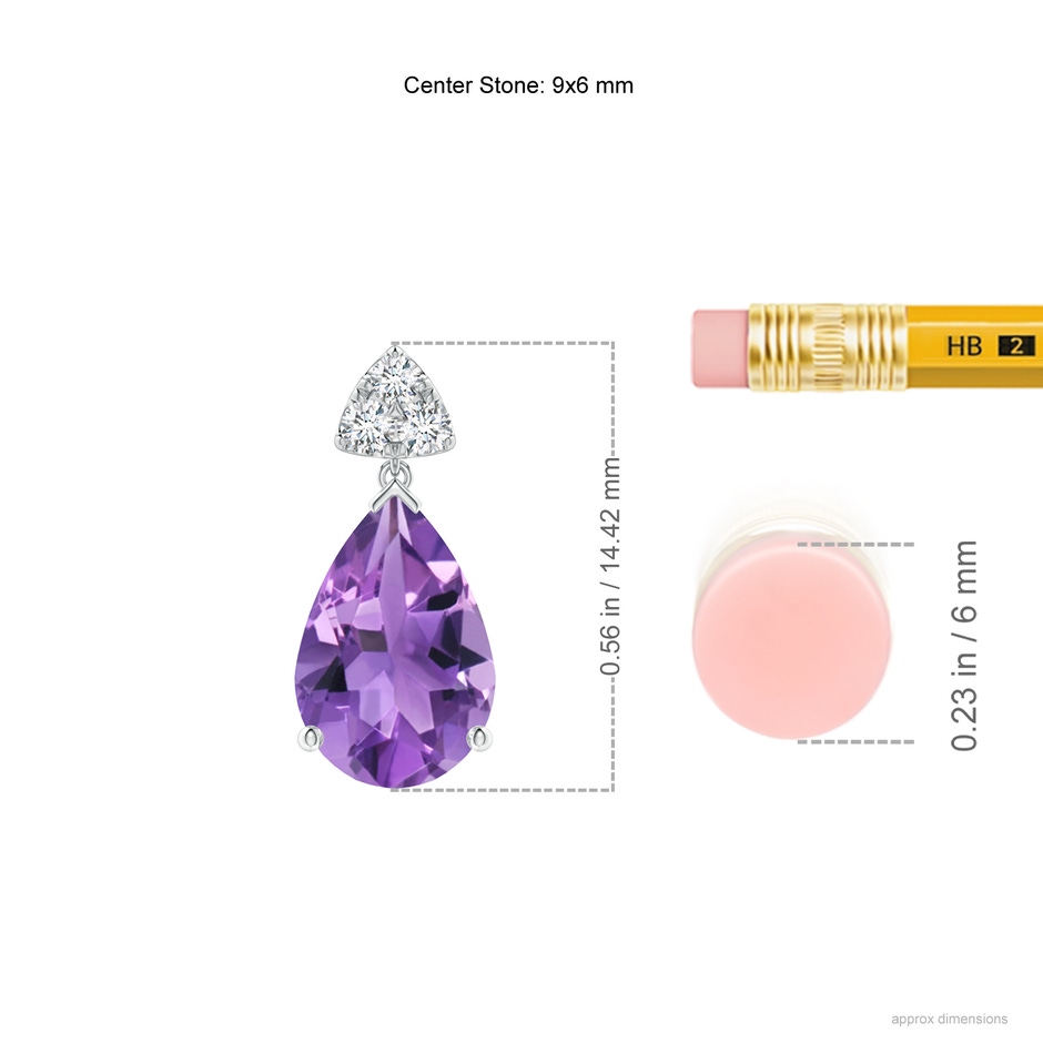 9x6mm AA Pear-Shaped Amethyst Drop Earrings with Trio Diamonds in S999 Silver ruler