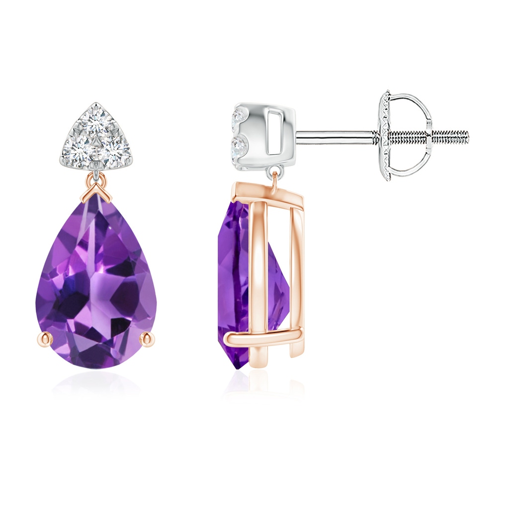 9x6mm AAA Pear-Shaped Amethyst Drop Earrings with Trio Diamonds in Rose Gold White Gold