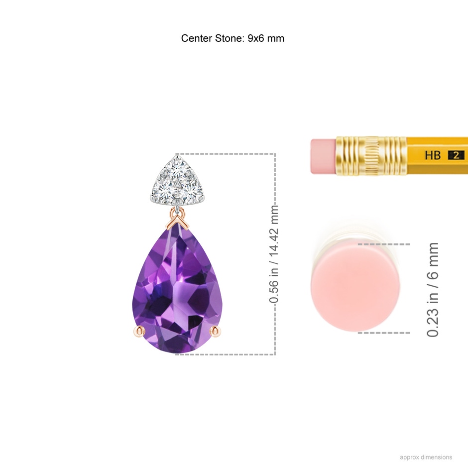 9x6mm AAA Pear-Shaped Amethyst Drop Earrings with Trio Diamonds in Rose Gold White Gold ruler