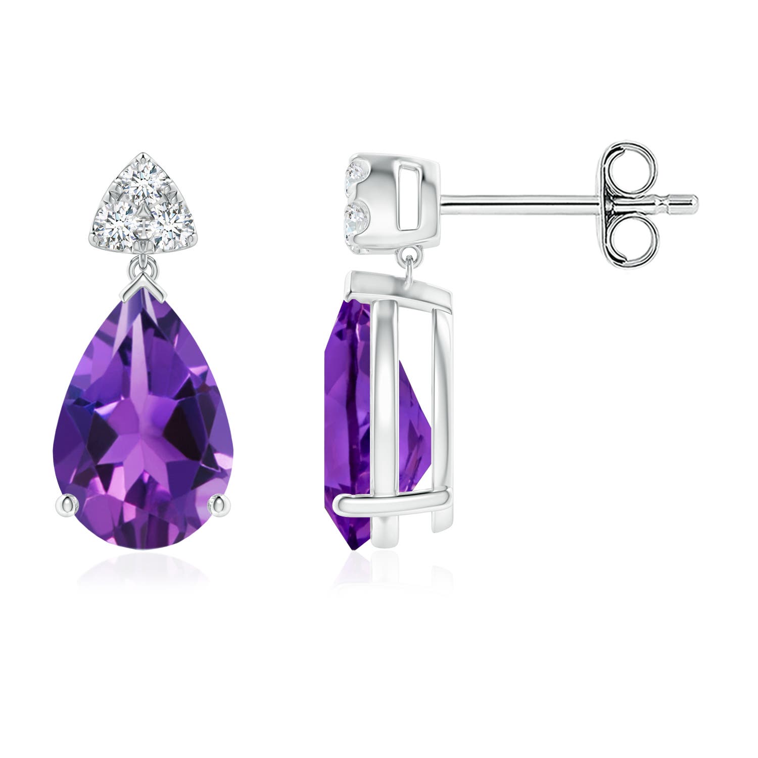 9x6mm AAAA Pear-Shaped Amethyst Drop Earrings with Trio Diamonds in S999 Silver
