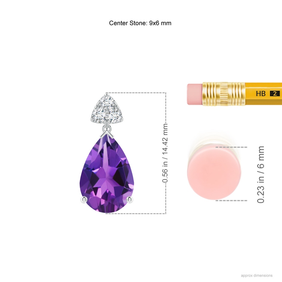 9x6mm AAAA Pear-Shaped Amethyst Drop Earrings with Trio Diamonds in White Gold ruler