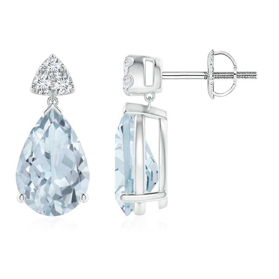 10x7mm A Pear-Shaped Aquamarine Drop Earrings with Trio Diamonds in White Gold 