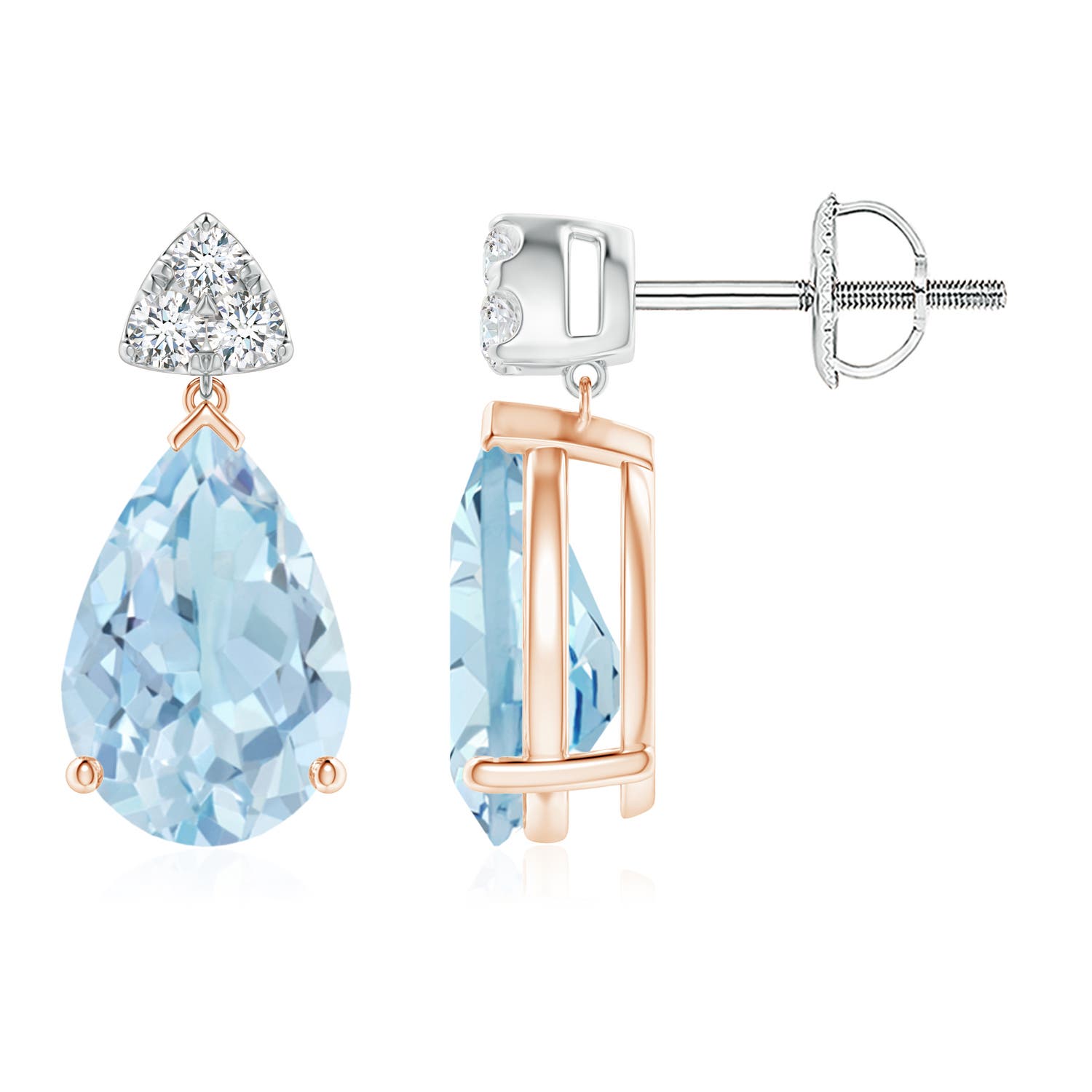 ANGARA Natural 3.28 Ct Aquamarine Drop Earrings with Trio Diamonds in 14K Gold - Picture 34 of 41