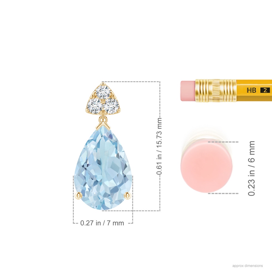 10x7mm AA Pear-Shaped Aquamarine Drop Earrings with Trio Diamonds in Yellow Gold ruler