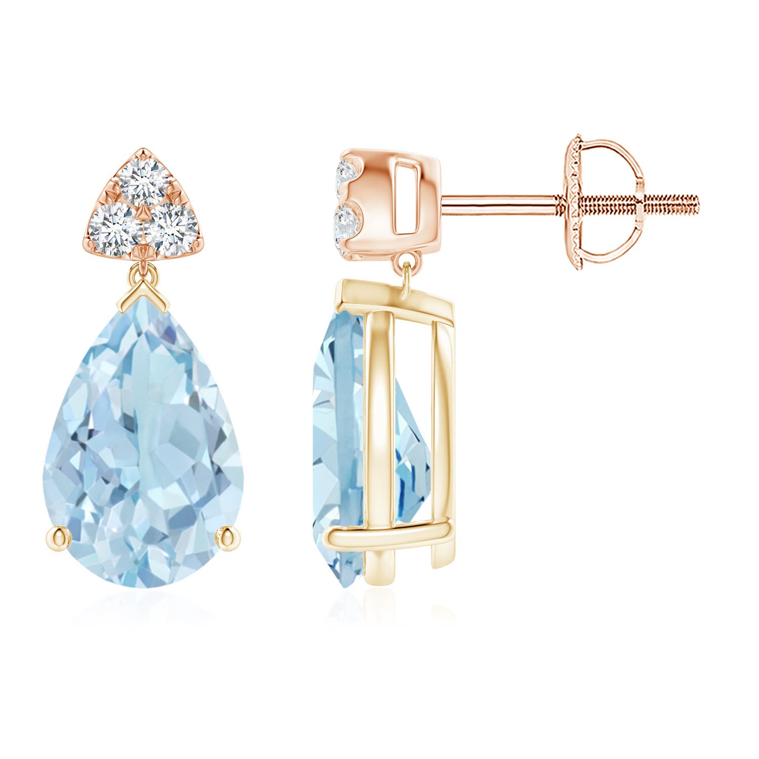 ANGARA Natural 3.28 Ct Aquamarine Drop Earrings with Trio Diamonds in 14K Gold - Picture 2 of 41