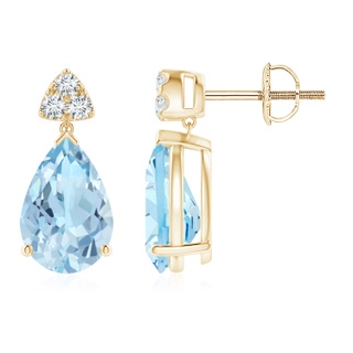 10x7mm AAA Pear-Shaped Aquamarine Drop Earrings with Trio Diamonds in Yellow Gold