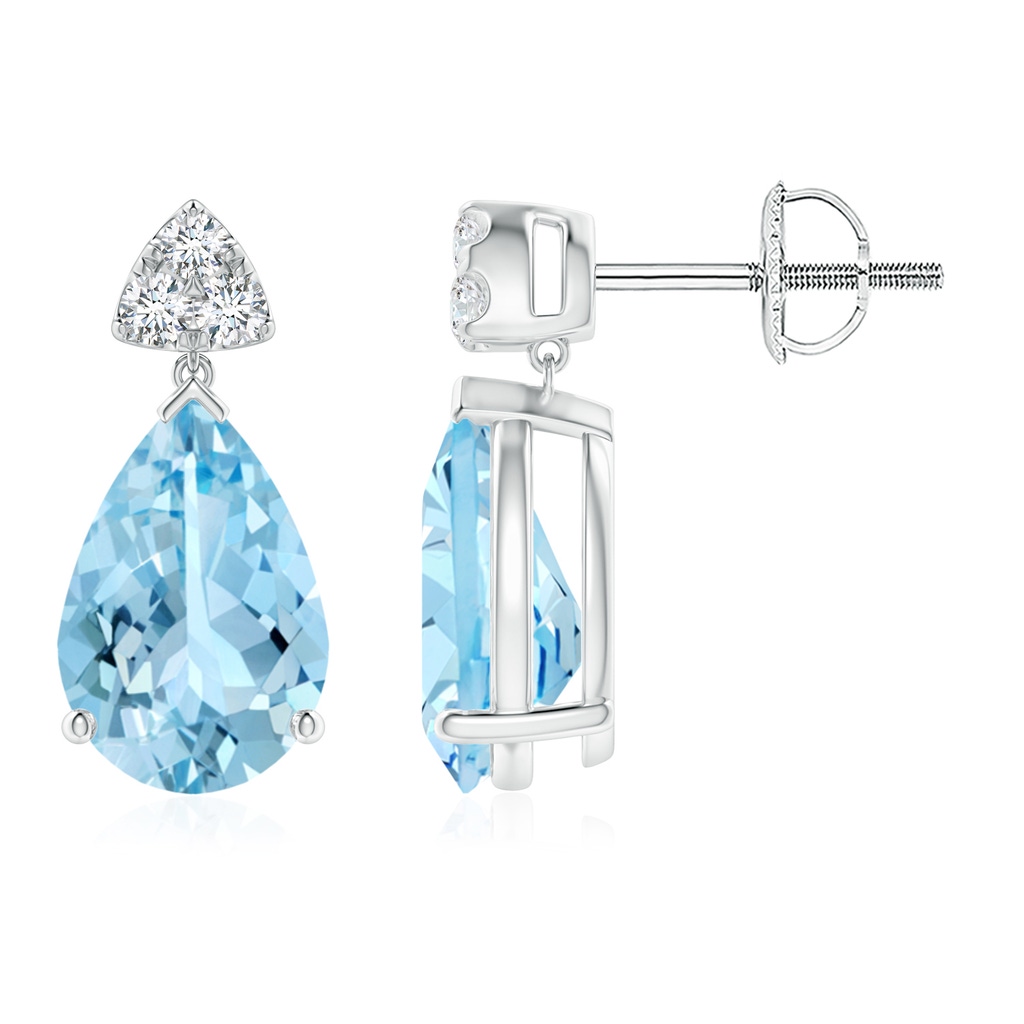 10x7mm AAAA Pear-Shaped Aquamarine Drop Earrings with Trio Diamonds in P950 Platinum