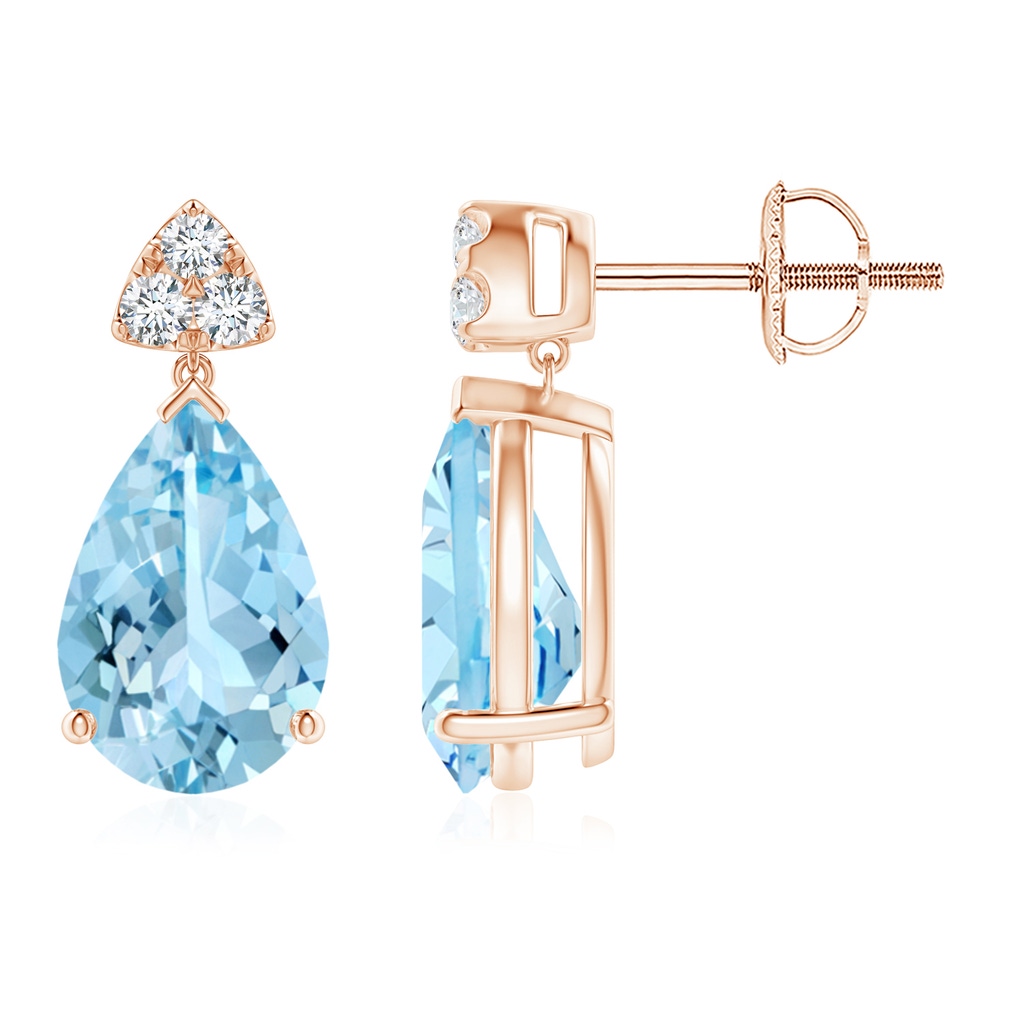 10x7mm AAAA Pear-Shaped Aquamarine Drop Earrings with Trio Diamonds in Rose Gold