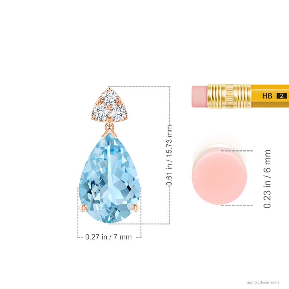 10x7mm AAAA Pear-Shaped Aquamarine Drop Earrings with Trio Diamonds in Rose Gold ruler