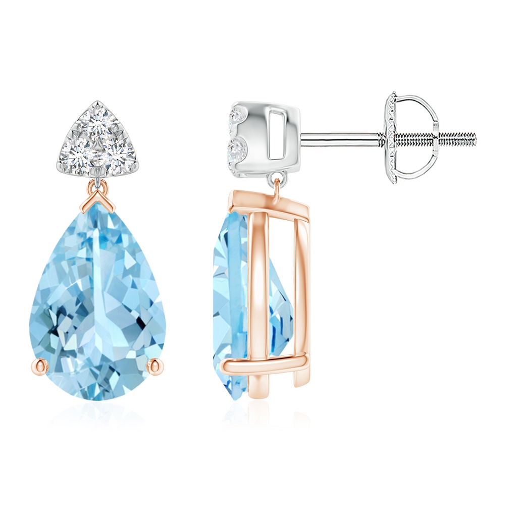 10x7mm AAAA Pear-Shaped Aquamarine Drop Earrings with Trio Diamonds in Rose Gold White Gold
