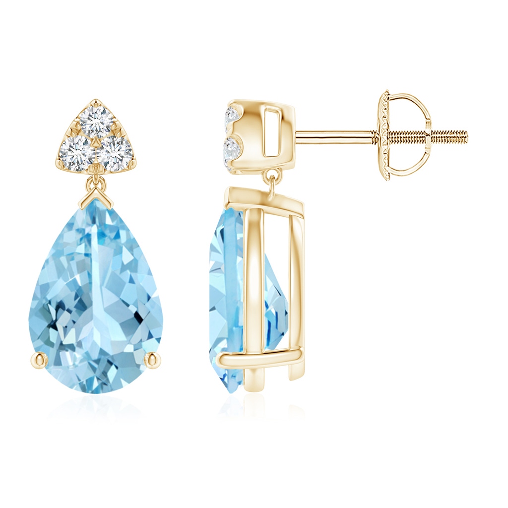 10x7mm AAAA Pear-Shaped Aquamarine Drop Earrings with Trio Diamonds in Yellow Gold