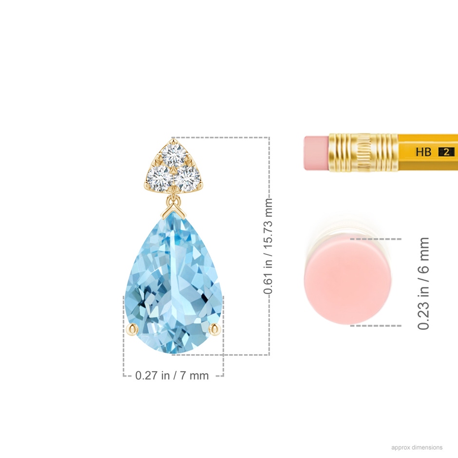 10x7mm AAAA Pear-Shaped Aquamarine Drop Earrings with Trio Diamonds in Yellow Gold ruler