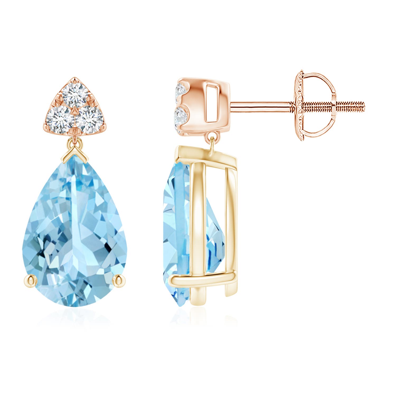 10x7mm AAAA Pear-Shaped Aquamarine Drop Earrings with Trio Diamonds in Yellow Gold Rose Gold