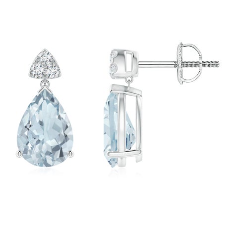 8x6mm A Pear-Shaped Aquamarine Drop Earrings with Trio Diamonds in White Gold