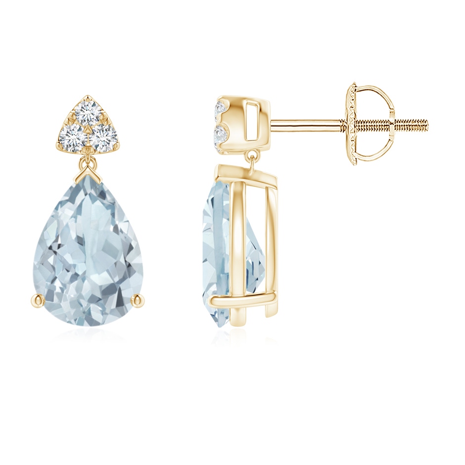 8x6mm A Pear-Shaped Aquamarine Drop Earrings with Trio Diamonds in Yellow Gold 