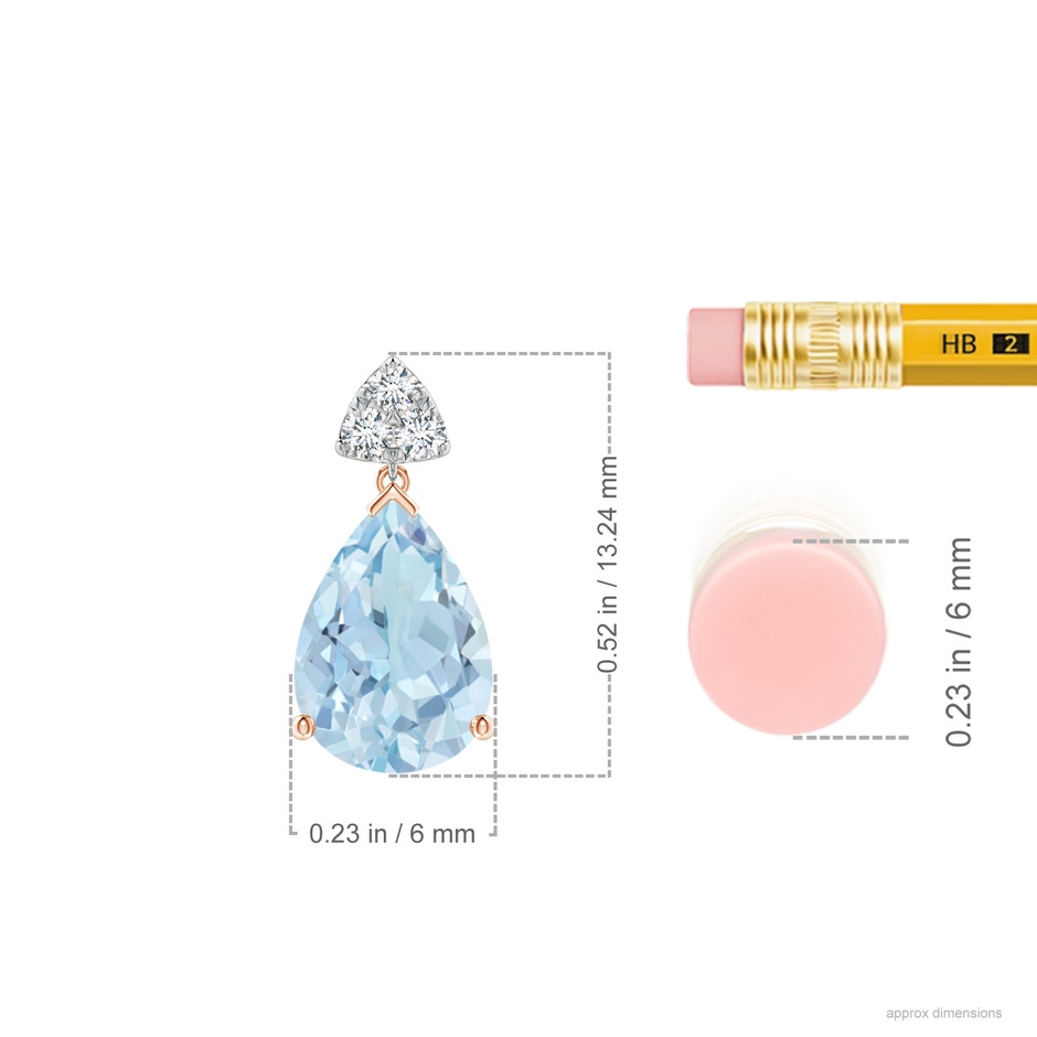 8x6mm AA Pear-Shaped Aquamarine Drop Earrings with Trio Diamonds in Rose Gold White Gold ruler
