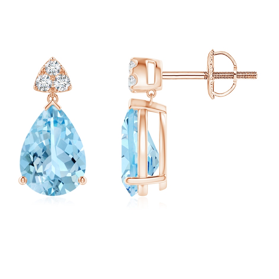 8x6mm AAAA Pear-Shaped Aquamarine Drop Earrings with Trio Diamonds in Rose Gold 