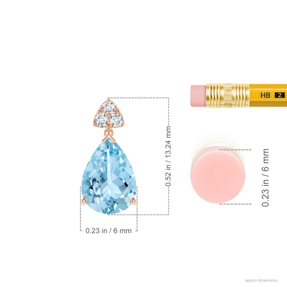 8x6mm AAAA Pear-Shaped Aquamarine Drop Earrings with Trio Diamonds in Rose Gold ruler