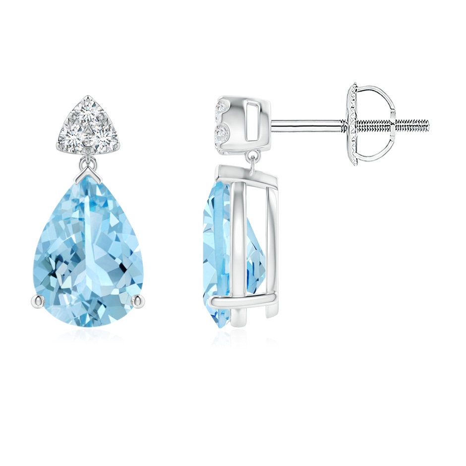8x6mm AAAA Pear-Shaped Aquamarine Drop Earrings with Trio Diamonds in White Gold 