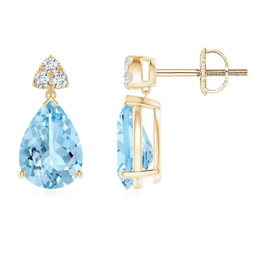 8x6mm AAAA Pear-Shaped Aquamarine Drop Earrings with Trio Diamonds in Yellow Gold 