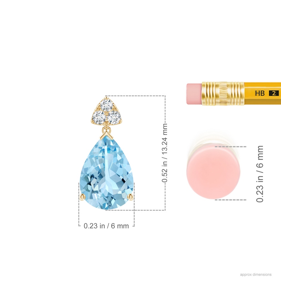 8x6mm AAAA Pear-Shaped Aquamarine Drop Earrings with Trio Diamonds in Yellow Gold ruler