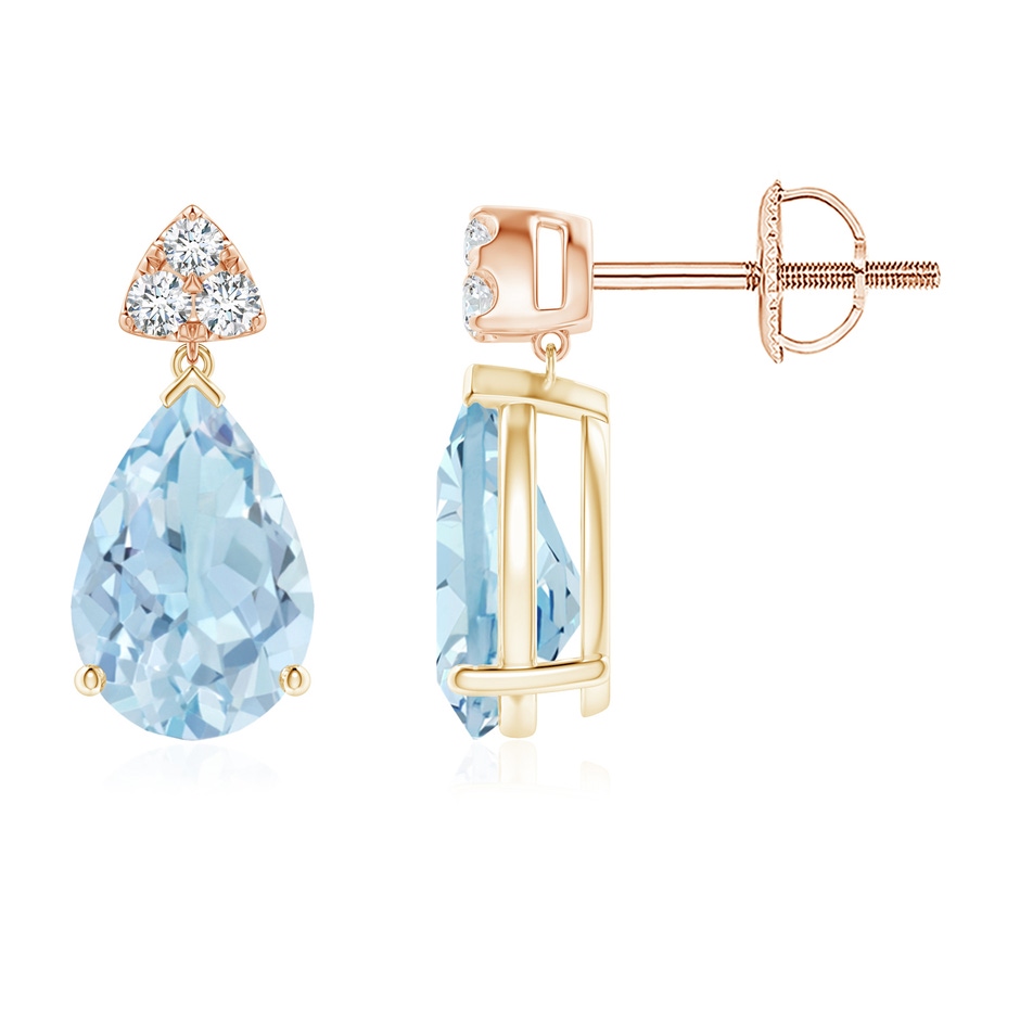 9x6mm AA Pear-Shaped Aquamarine Drop Earrings with Trio Diamonds in Yellow Gold Rose Gold 