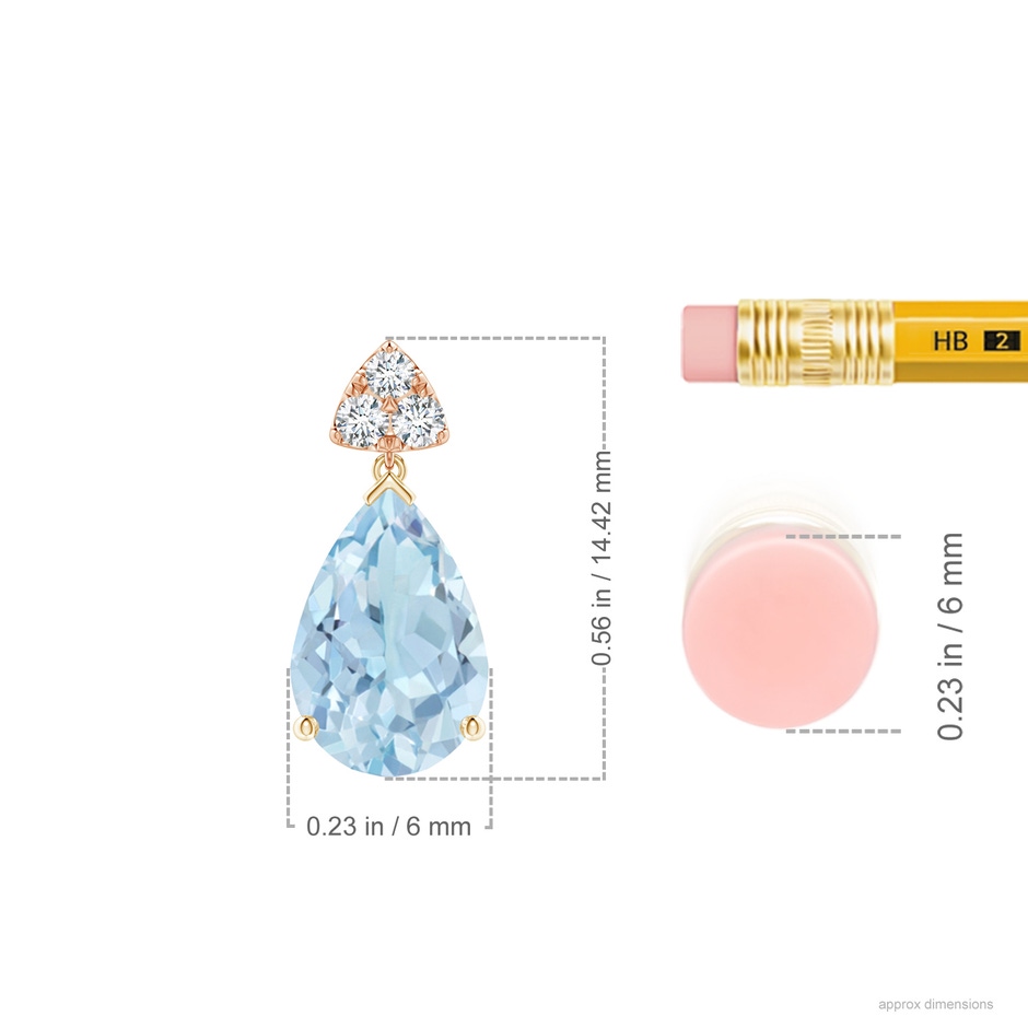 9x6mm AA Pear-Shaped Aquamarine Drop Earrings with Trio Diamonds in Yellow Gold Rose Gold ruler