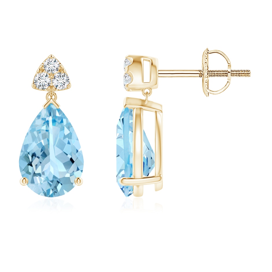 9x6mm AAAA Pear-Shaped Aquamarine Drop Earrings with Trio Diamonds in Yellow Gold 