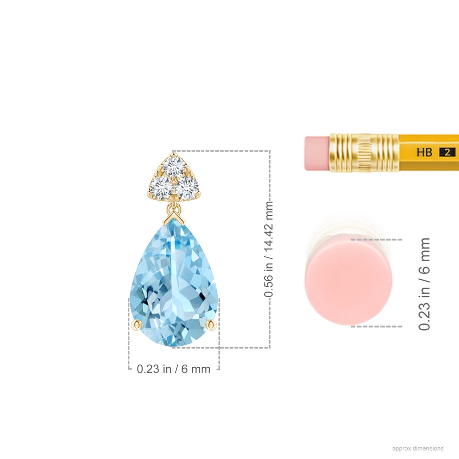 9x6mm AAAA Pear-Shaped Aquamarine Drop Earrings with Trio Diamonds in Yellow Gold ruler