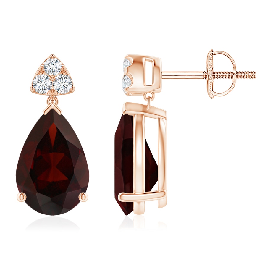 10x7mm A Pear-Shaped Garnet Drop Earrings with Trio Diamonds in Rose Gold 