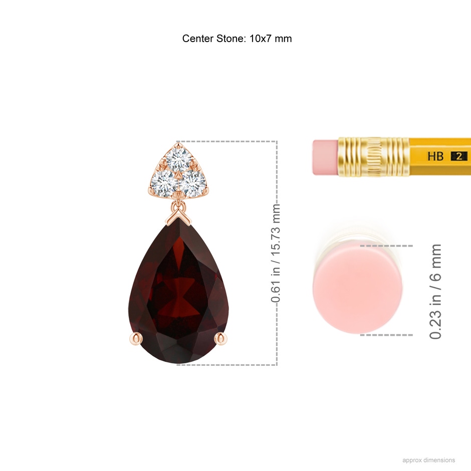 10x7mm A Pear-Shaped Garnet Drop Earrings with Trio Diamonds in Rose Gold ruler