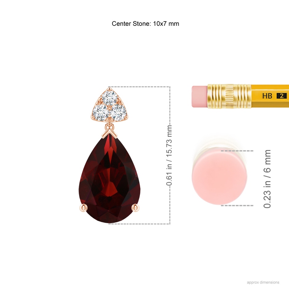 10x7mm AA Pear-Shaped Garnet Drop Earrings with Trio Diamonds in Rose Gold ruler