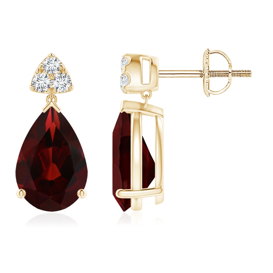 10x7mm AA Pear-Shaped Garnet Drop Earrings with Trio Diamonds in Yellow Gold 