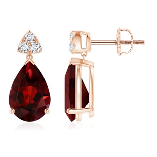 10x7mm AAA Pear-Shaped Garnet Drop Earrings with Trio Diamonds in Rose Gold