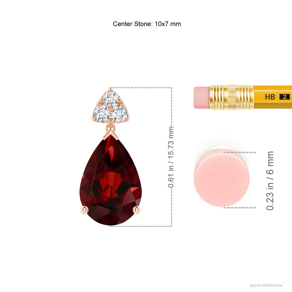 10x7mm AAA Pear-Shaped Garnet Drop Earrings with Trio Diamonds in Rose Gold ruler