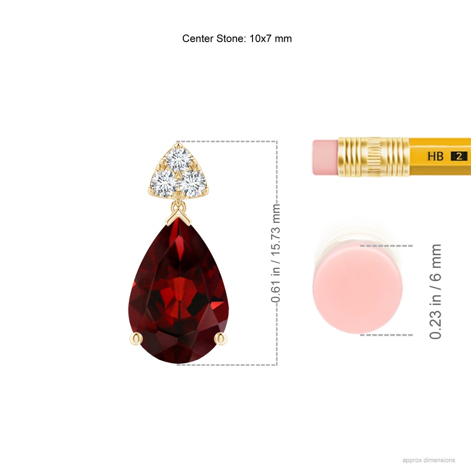 10x7mm AAA Pear-Shaped Garnet Drop Earrings with Trio Diamonds in Yellow Gold ruler