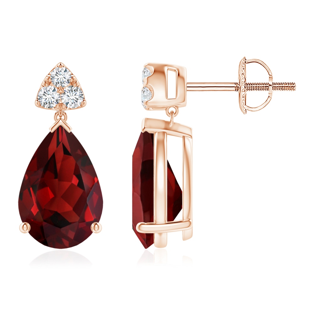 10x7mm AAAA Pear-Shaped Garnet Drop Earrings with Trio Diamonds in Rose Gold