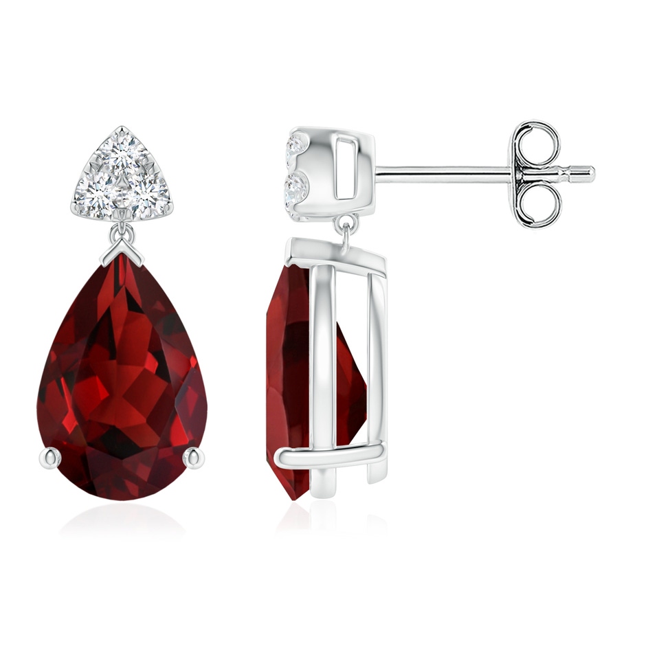 10x7mm AAAA Pear-Shaped Garnet Drop Earrings with Trio Diamonds in S999 Silver 