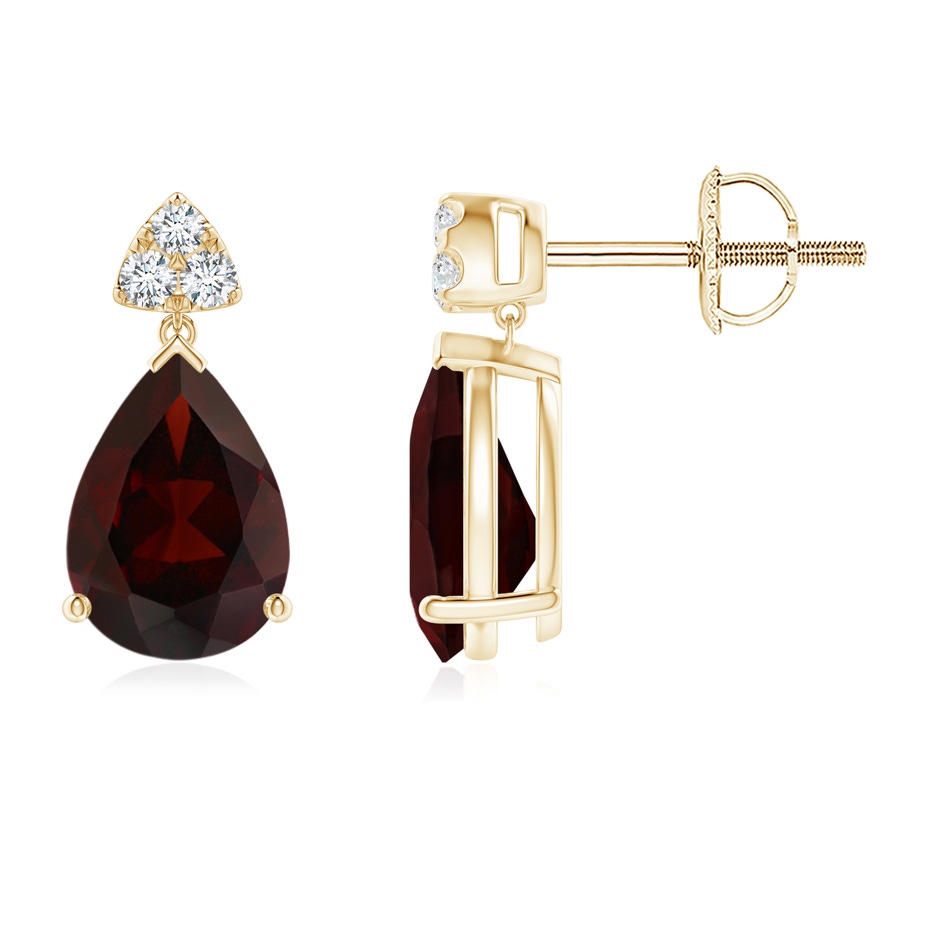 8x6mm A Pear-Shaped Garnet Drop Earrings with Trio Diamonds in Yellow Gold 